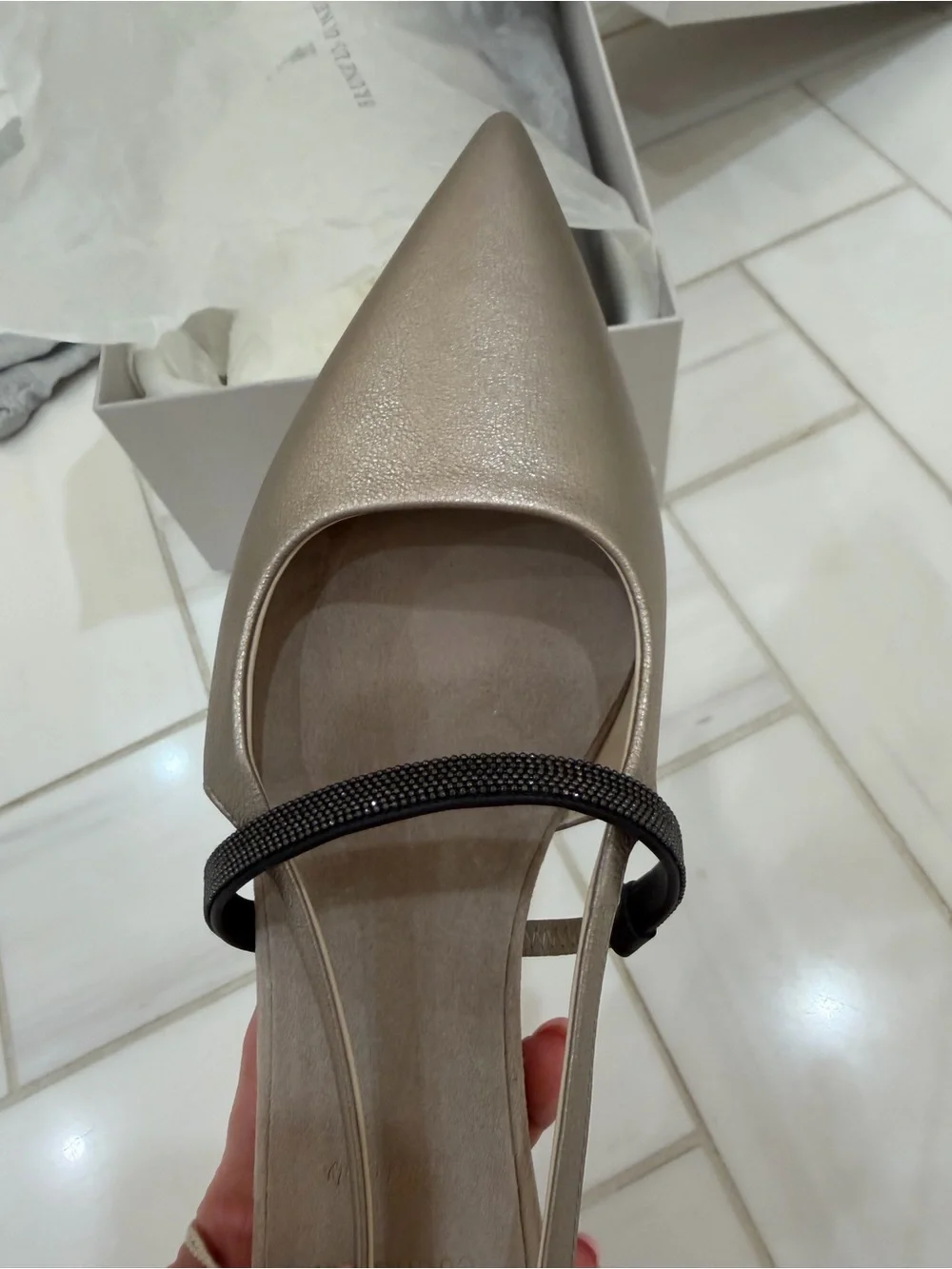 New Brunello Cucinelli Metallic Taupe Pointed Slingback Flats with Black Strap - Picture 4 of 8